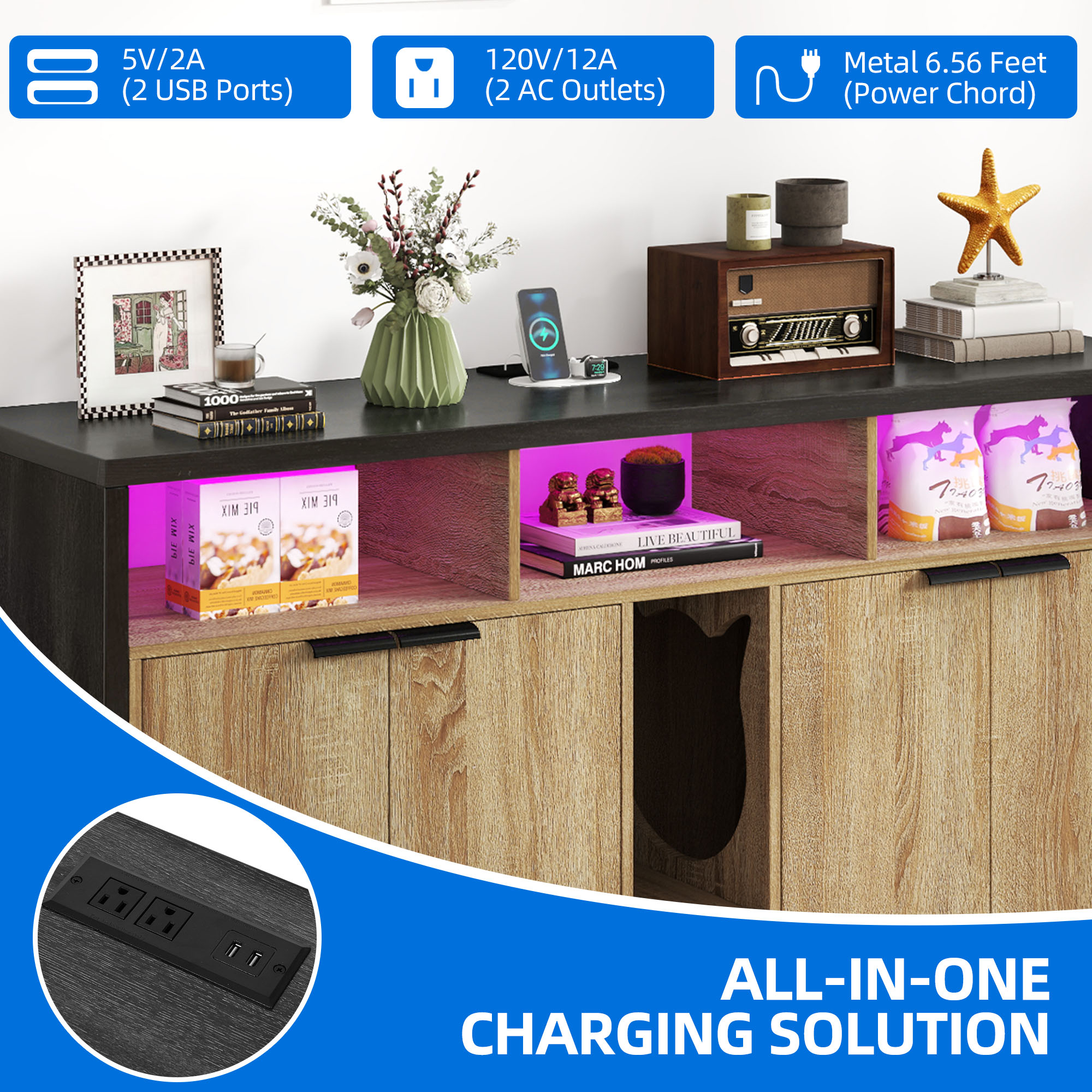 Dextrus Cat Litter Box Enclosure for 2 Cats, Wooden Long Cat Litter Box Enclosure with Power Outlet & LED Light, Double Rooms - Oak Brown