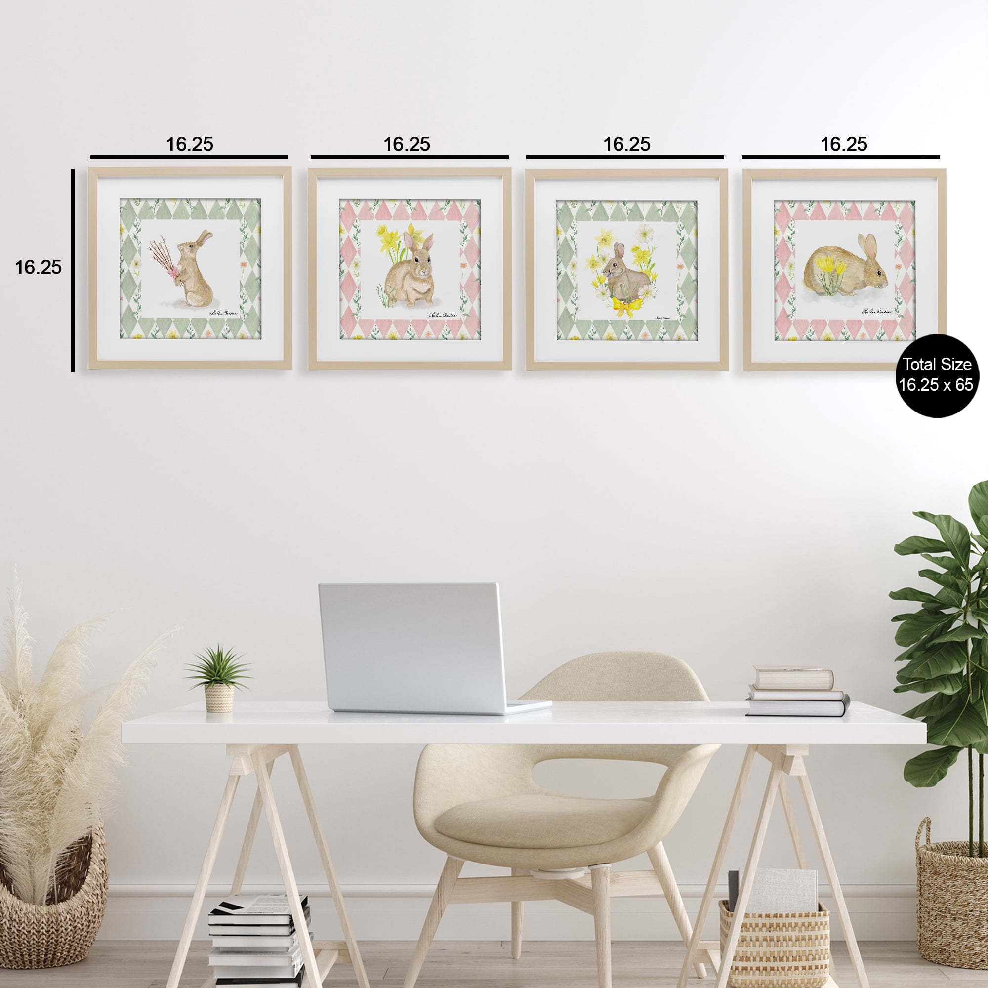 Spring Bunnies on Argyle 4 Piece Birch Framed Print Under Glass Set, design by Lee Ann Sanders