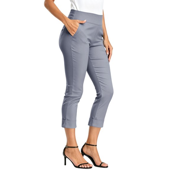 yardsong Womens Work Office Capris 2026 Stretch Elastic Waist Work Crop Pant with Pockets Summer Cuffed Business Dress Capri Slacks Gray,M