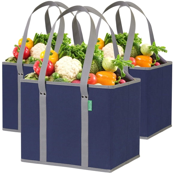 Reusable Grocery Bags (3 Pack) â?? Heavy Duty Reusable Shopping Bags with Box Shape to Stand Up, Stay Open, Fold Flat â?? Large Tote Bags are Folda