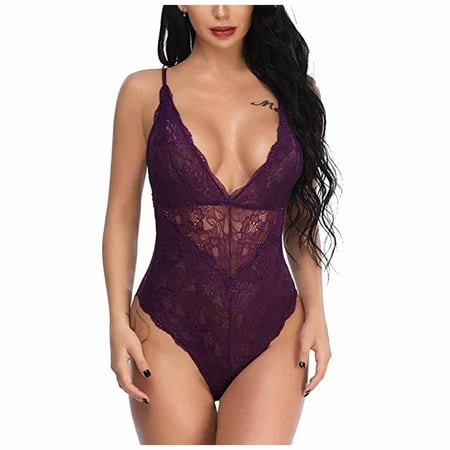 

REORIAFEE Womens Babydoll Lingerie Sexy Teddy Honeymoon Girl Lingerie Lace Sexy Sling Jumpsuit Suit Purple M