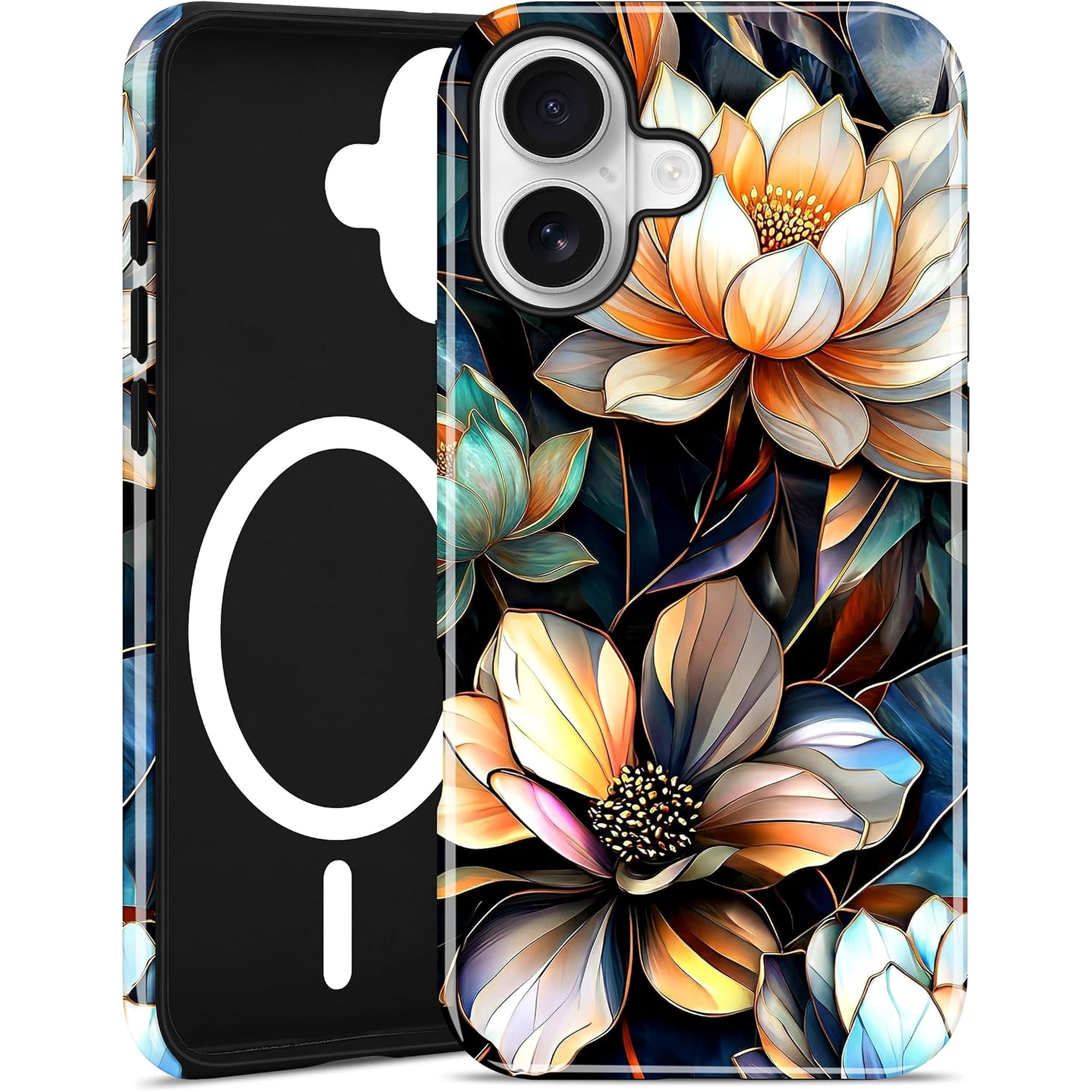 Compatible with MagSafe Flower Phone Case for iPhone 14 Pro Max, Cute Magnetic Stained Glass Floral Aesthetic Soft Shockproof Protective Phone Cover for Women Girls-White Lotus