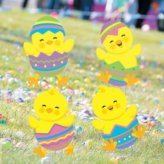 Fun Express Tumbling Easter Chicks Yard Stakes, Outdoor Party Décor - 4 Pieces