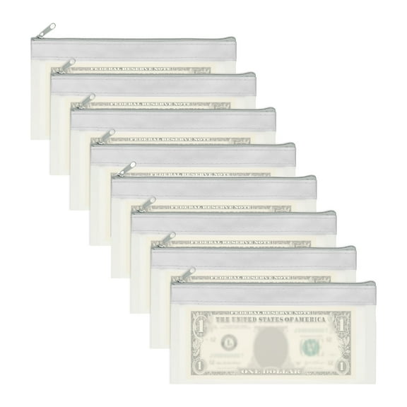 8.5x4 Inch Money Bags with Zipper, 8Pcs Clear Cash Deposit Bank Pouch Envelopes Check Wallet for Coin Cosmetics Invioce Bill, Gray