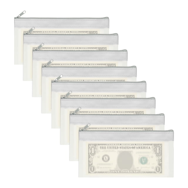 8.5x4 Inch Money Bags with Zipper, 8Pcs Clear Cash Deposit Bank Pouch Envelopes Check Wallet for Coin Cosmetics Invioce Bill, Gray