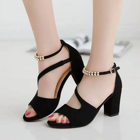 

2024 Spring Summer Sexy Fish Mouth Hollow Roman Sandals Thick With Word With Beaded High Heels Female Summer Sexy Female Sandals black 35