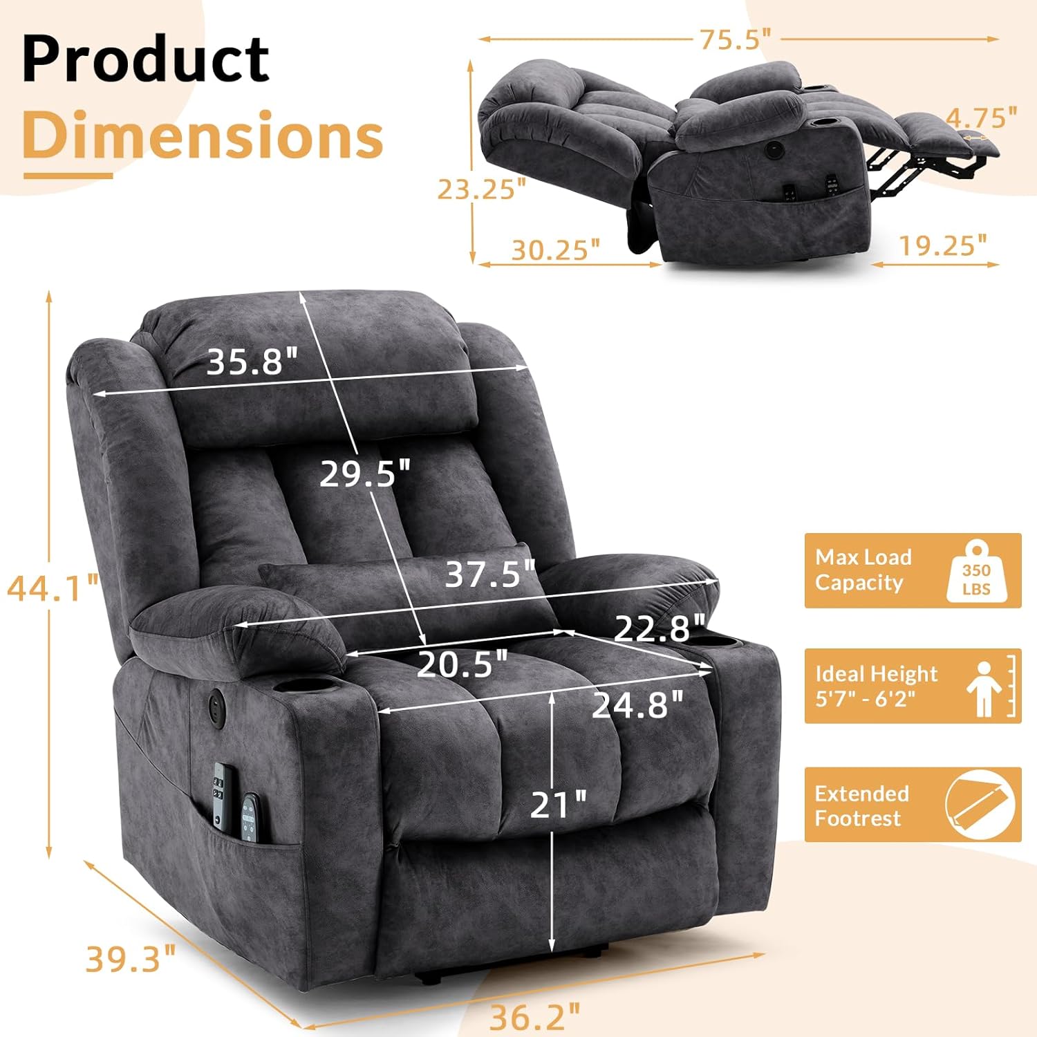 Dual Motor Power Lift Recliner for Big Elderly, Extended Footrest, Large Infinite Position Lay Flat Chair for Living Room with Massage & Heat, Lumbar Pillow, USB & Type-C Ports, Plush-Gray