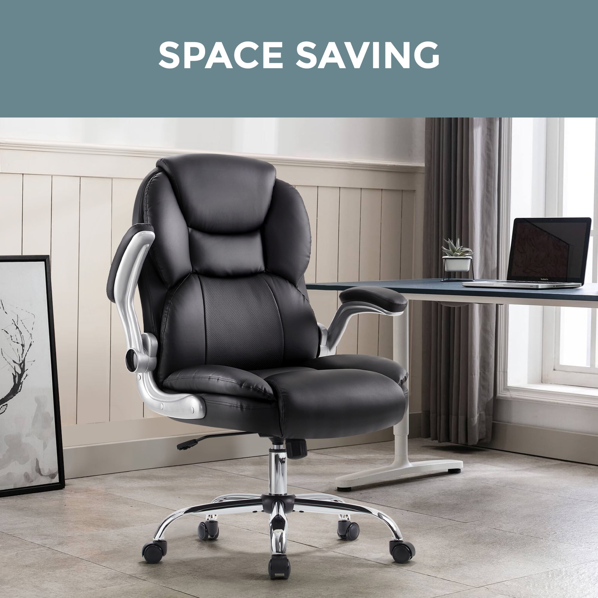 Black Executive Office Chair Big and Tall Computer Desk Chair with Adjustable Flip-up Armrests, High Back Leather Chair with Lumbar Support, Swivel Rolling Chair for Adults Working Study