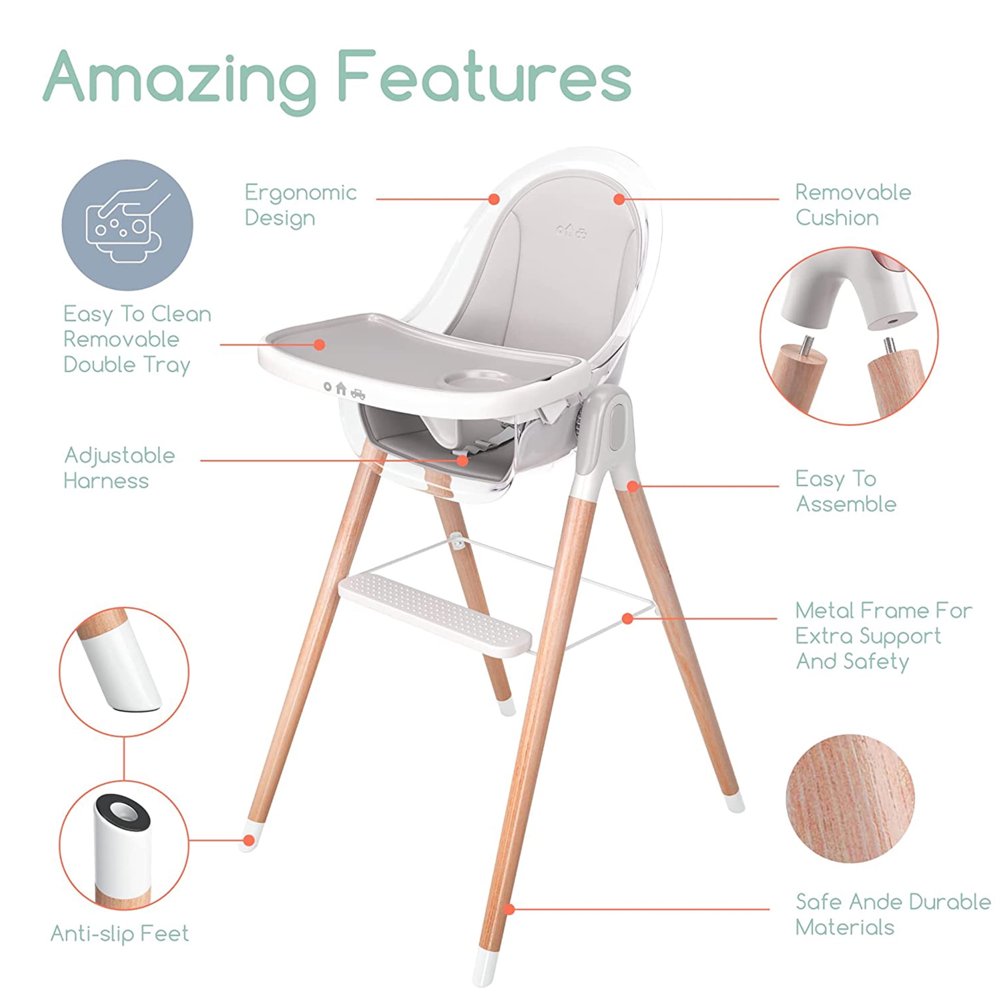 Children of Design 6-in-1 Classic High Chair with Cushion for Babies and Toddlers Non-Reclinable Wooden Booster Seat with Tray for 6 Months to 6 Years Old, Gray