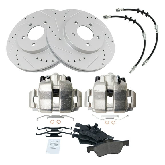 TRQ Front Performance Brake Pad & Rotor Kit Brake Caliper Brake Hose Brake Pads Brake Rotors Set Ceramic Premium G-Coated Fits Select 2005-2007 Ford Escape Mercury Mariner