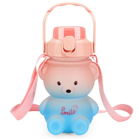 

Water Bottle Gradient Bear Pattern with Straw and Backing Strap Large Capacity