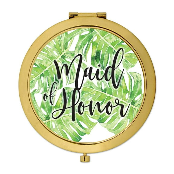 Koyal Wholesale Compact Mirror Maid of Honor Wedding Gift, Gold, Tropical Monstera Palm Leaves, 1-Pack