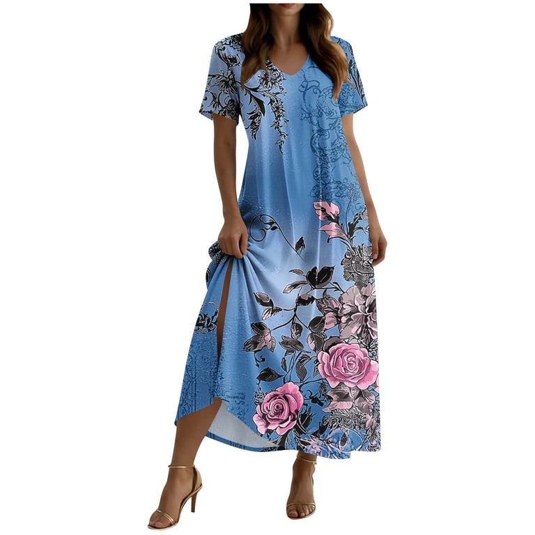 FAKKDUK Summer Dress Women Easy Breathable Short Sleeve Maxi Dress in Cotton-Linen Fabric, Perfect for Summer Relaxation Blue b XL, Women's FAKKDUK Summer Dress Women Easy Breathable Short Sleeve Maxi Dress in Cotton-Linen Fabric, Perfect for Summer Relaxation Blue b XL, Women's