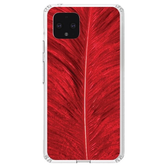 DistinctInk Clear Shockproof Hybrid Case for Google Pixel 4 (5.7" Screen) - TPU Bumper, Acrylic Back, Tempered Glass Screen Protector - Red Feather Texture