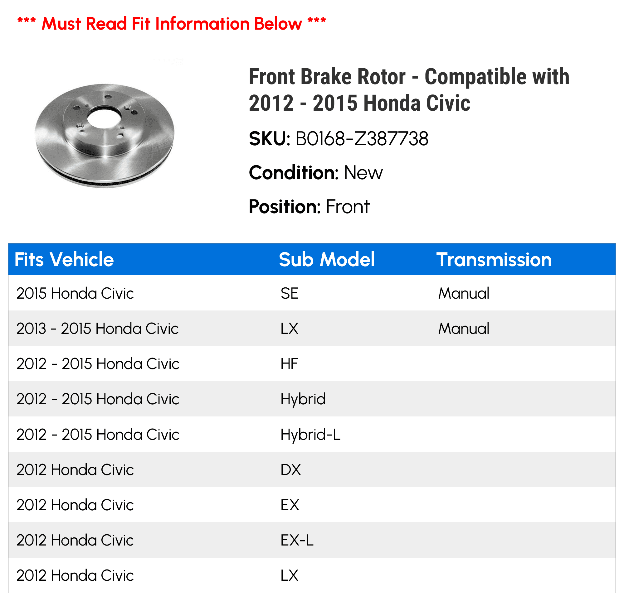 Front Brake Rotor - Compatible with 2012 - 2015 Honda Civic 2013 2014