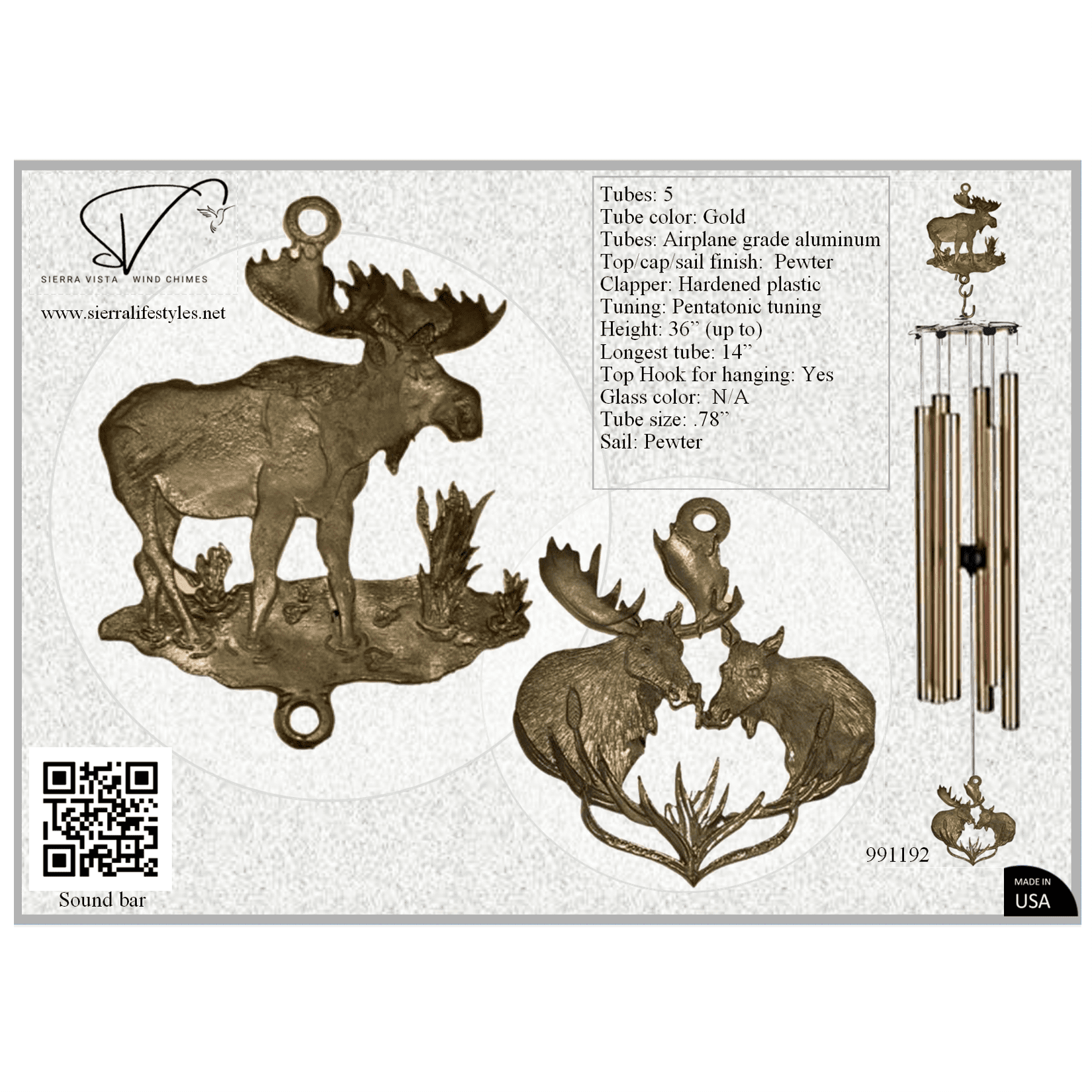 Wind Chime - 36in Moose - Gold Tube