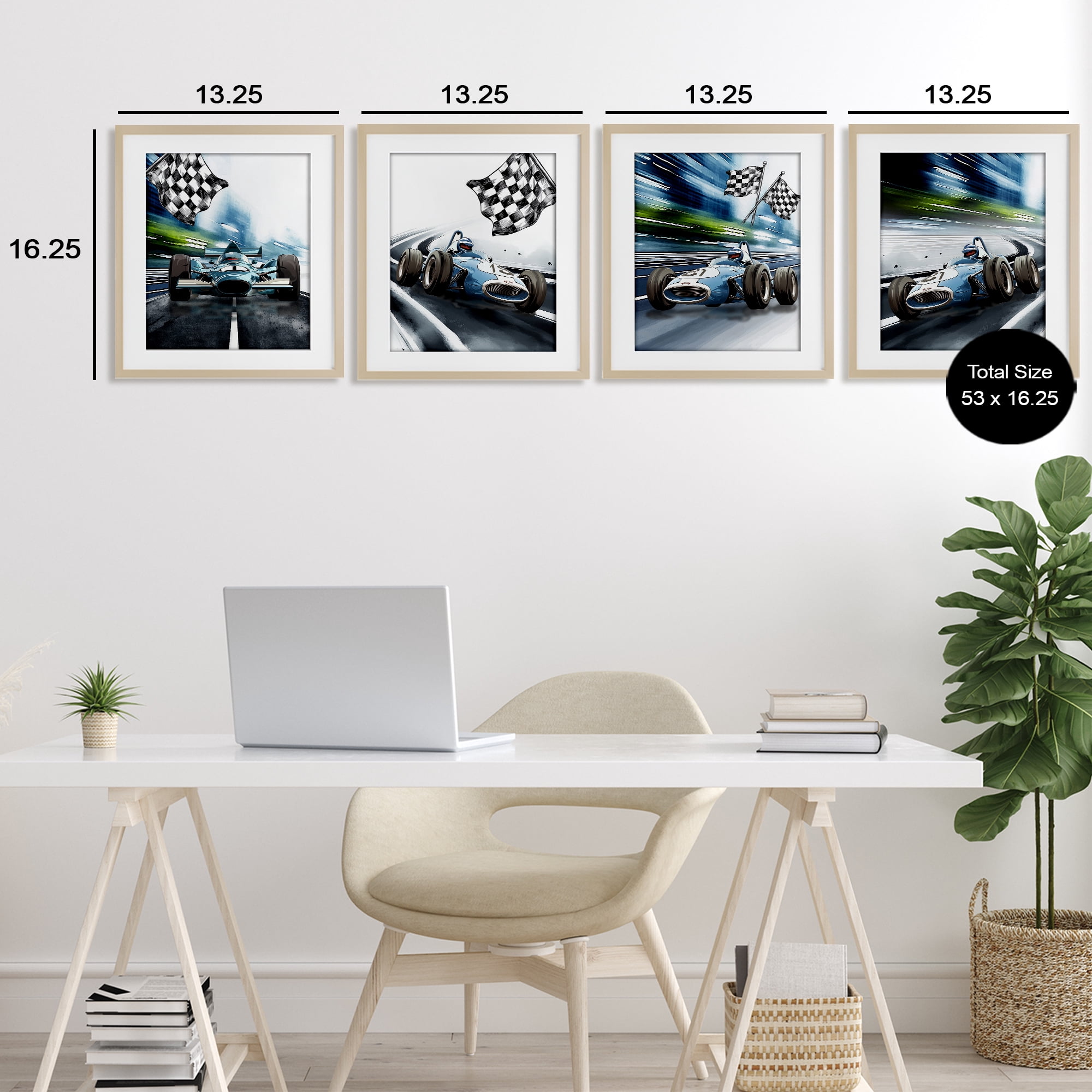 Stupell Industries Ready Set Racecars 4 Piece Birch Framed Print Under Glass Set, design by Christine Simpson Art