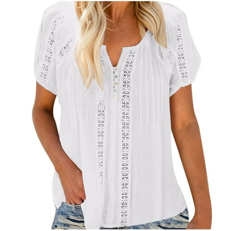 

Women Solid V-Neck Lace Crochet Eyelet Short Sleeve Casual Shirts Blouses Tops