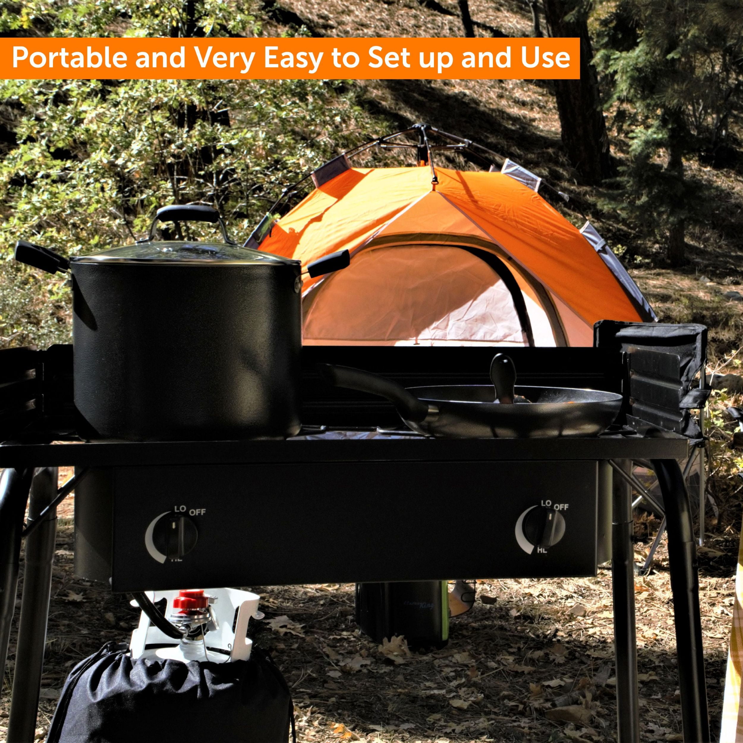 Flame King Standup 2 Burner Camp Stove, Propane Camping Stove, 200K BTU, Black, 31” x 16” x 35”