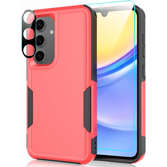 for Samsung Galaxy A15 5G Case with Tempered Glass Screen Protector & Camera Lens Protector,Heavy-Duty Tough Rugged Slim Shockproof Phone Case for Galaxy A15 5G (6.5", 2024)[Red/Black]