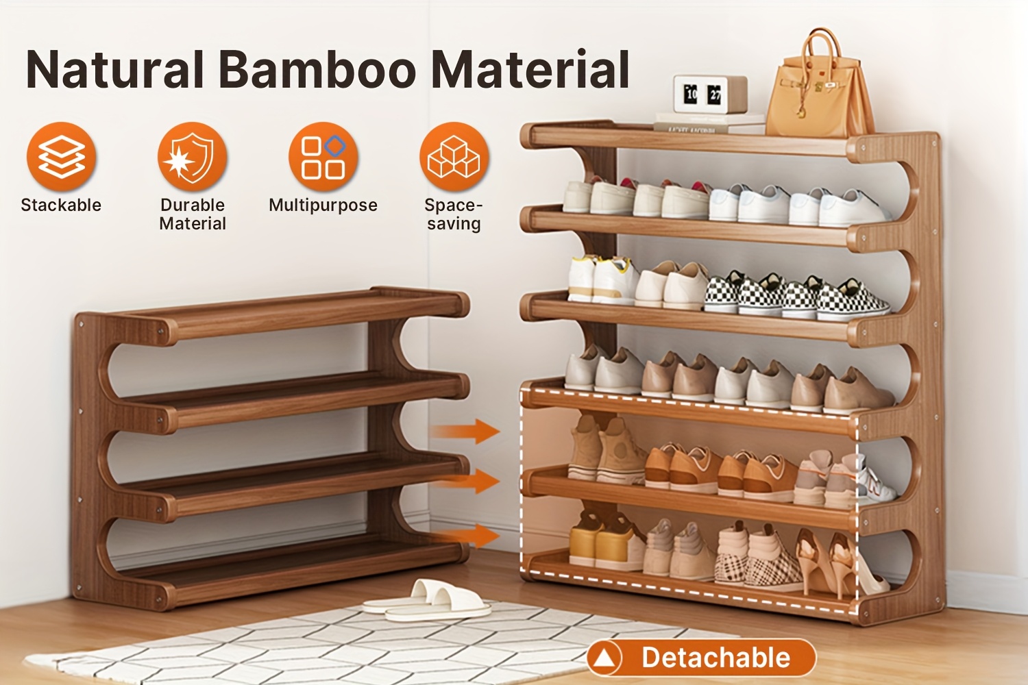 4/5/6 Tier Bamboo Shoe Rack – Wooden Shoe Organizer Shelf for Entryway, Closet, or Garage, Holds Up to 24 Pairs, Space-Saving & Easy to Assemble