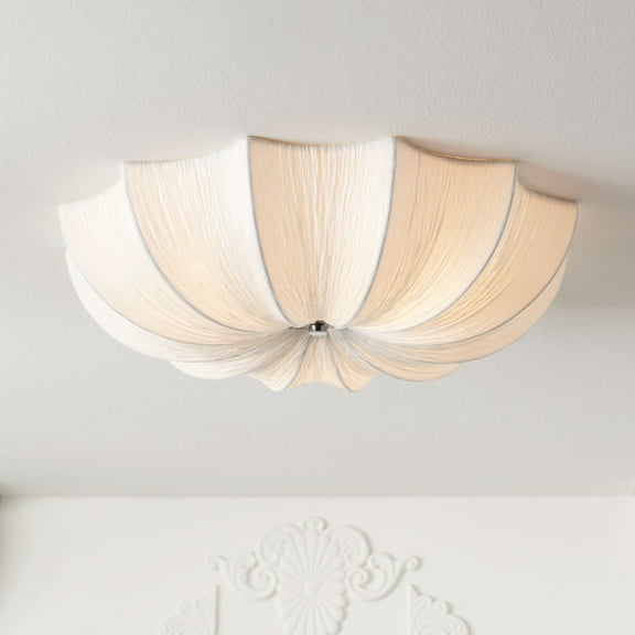 Possini Euro Design Planetarium Modern Ceiling Light Flush Mount Fixture 21" Wide Chrome 3-Light Ivory Fabric Scalloped Bowl for Bedroom Living Room