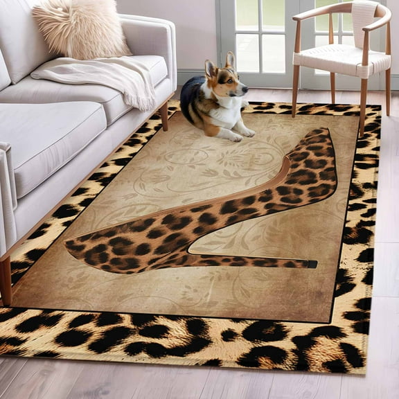 Leopard Print Area Rug 4x6 Washable Rug Non Slip Vintage Rustic High Heels Animal Texture Large Area Rug Indoor Floor Carpet for Entryway Bedroom Kitchen Living Room Home Office Dining Room Nursery