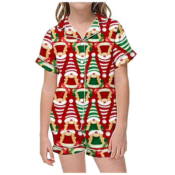 DGHM Wrap Set Womens Checke Outfit Easter Outfit 4t Children's Casual Christmas Print Button Down Lapel Short Sleeved Top Shorts Pajamas Set Red