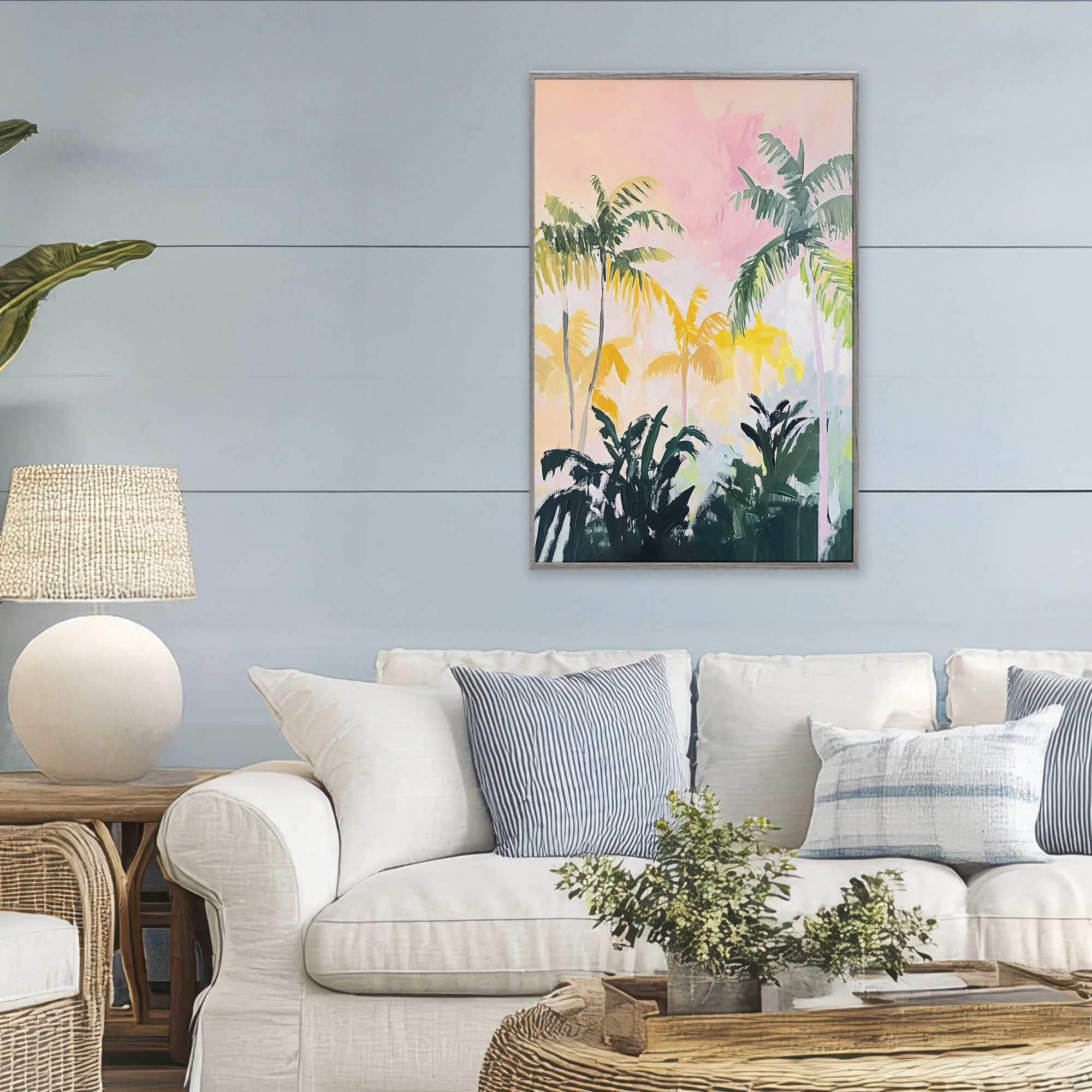 Stupell Industries Pastel Palms in Morning Glow Gray Framed Giclee Art, design by The Prints Vibe