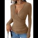 thumbnail image 1 of Camisas de Larga para Mujer, Cuello en V, Punto Acanalado, Corte Ajustado, Suéter con Botones, Blusa Informal de Trabajo para Otoño. Caqui L, 1 of 10