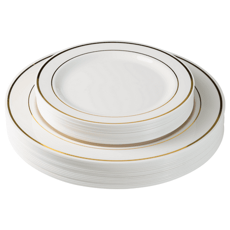 Exquisite 60 Pcs Plastic Disposable Dinnerware Set Combo - Wedding & Party Disposable Dinner Plates - Set of 30 Cream Colored Ivory & Gold Plastic Dinner Plates and 30 Plastic Appetizer/Dessert (Best Disposable Dinner Plates)
