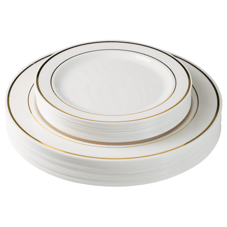 Exquisite 60 Pcs Plastic Disposable Dinnerware Set Combo - Wedding & Party Disposable Dinner Plates - Set of 30 Cream Colored Ivory & Gold Plastic Dinner Plates and 30 Plastic Appetizer/Dessert (Best Dinner Plate Sets)