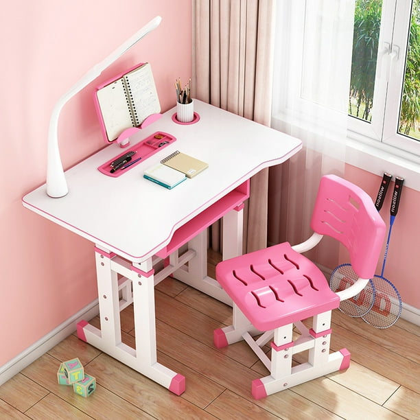Weelbin Home Height Adjustable Kids Desk Chair Set Children S Study With Led Light Pink Com Height Adjustable Kids Desk Chair Set, Study Desk And Chair Set