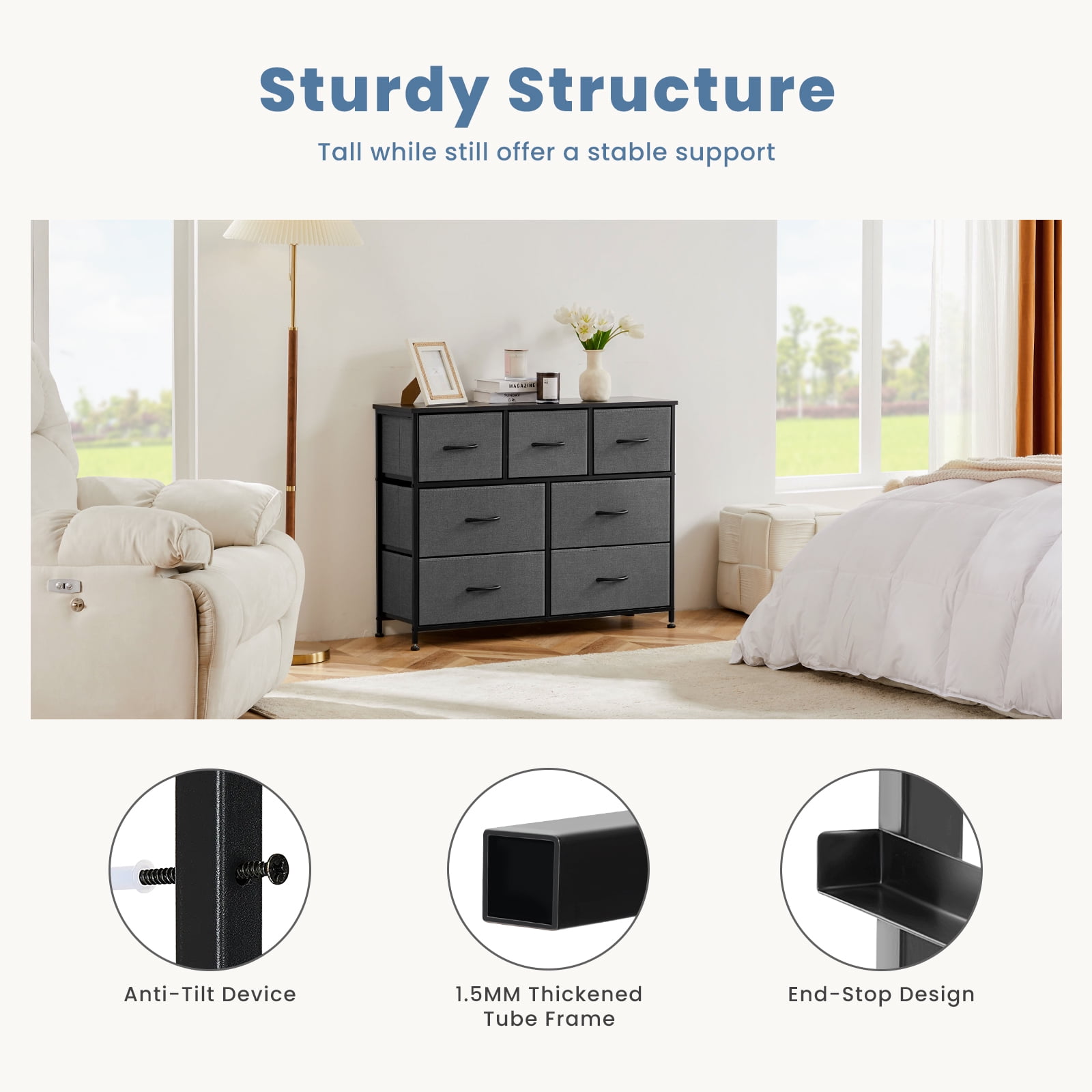 MAYEERTY 7-Drawer Fabric Storage Tower, Versatile Organizer with Wood Top for Bedroom, Living Room, Gray