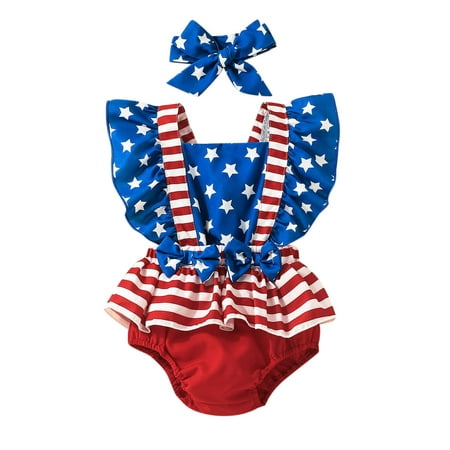 

Printed Romper Outfits Bowknot Sleeve Ruffles Independence Striped Fly Backless Girls Baby Headbands Day 3M-18M 4th-of-July Bodysuitt Girls Bodysuits