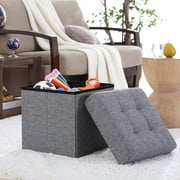 Decor Venue Foldable Tufted Linen Storage Ottoman Cube Foot Rest Stool/Seat - 15" x 15" (Grey)