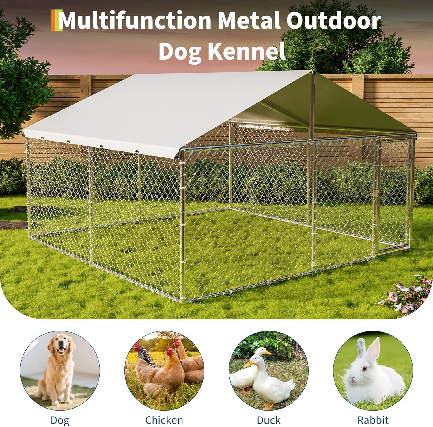 QinaQin 10x10x6Ft Large Outdoor Dog Kennel,Heavy Duty Dog Kennel with Waterproof Roof & Door Lock,Reinforced Galvanized Steel,Metal Large Dogs Cage for Backyard,Silver