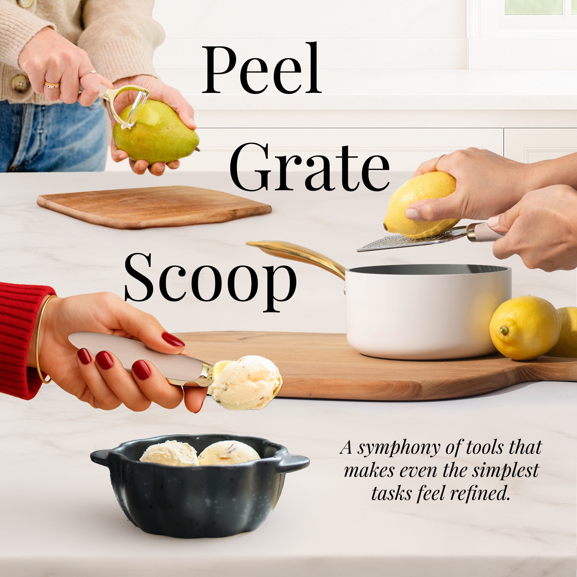 8-Piece Gold and Beige Kitchen Utensils Set – Stainless Steel Cooking Gadgets with Whisk, Tongs, Pizza Cutter, Garlic Press, Peeler, Scoop, Grater, and Can Opener