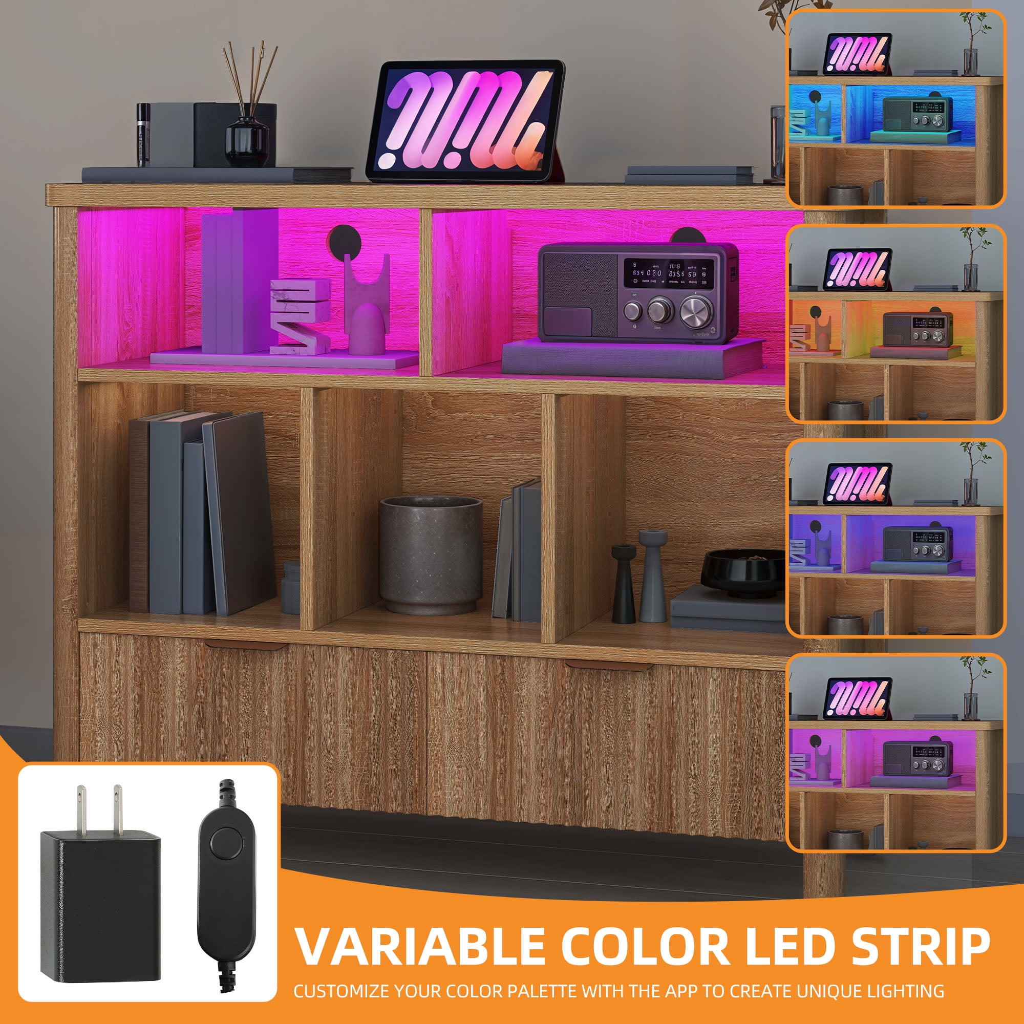 Craftian 5 Cube Bookcase with LED Light, Modern 3 Tier Bookshelf with Drawers for Home Office