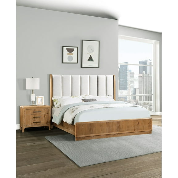 Rich Natural Wood Finish Beige Upholstered 3pc Queen Bed 2x Nightstand Set