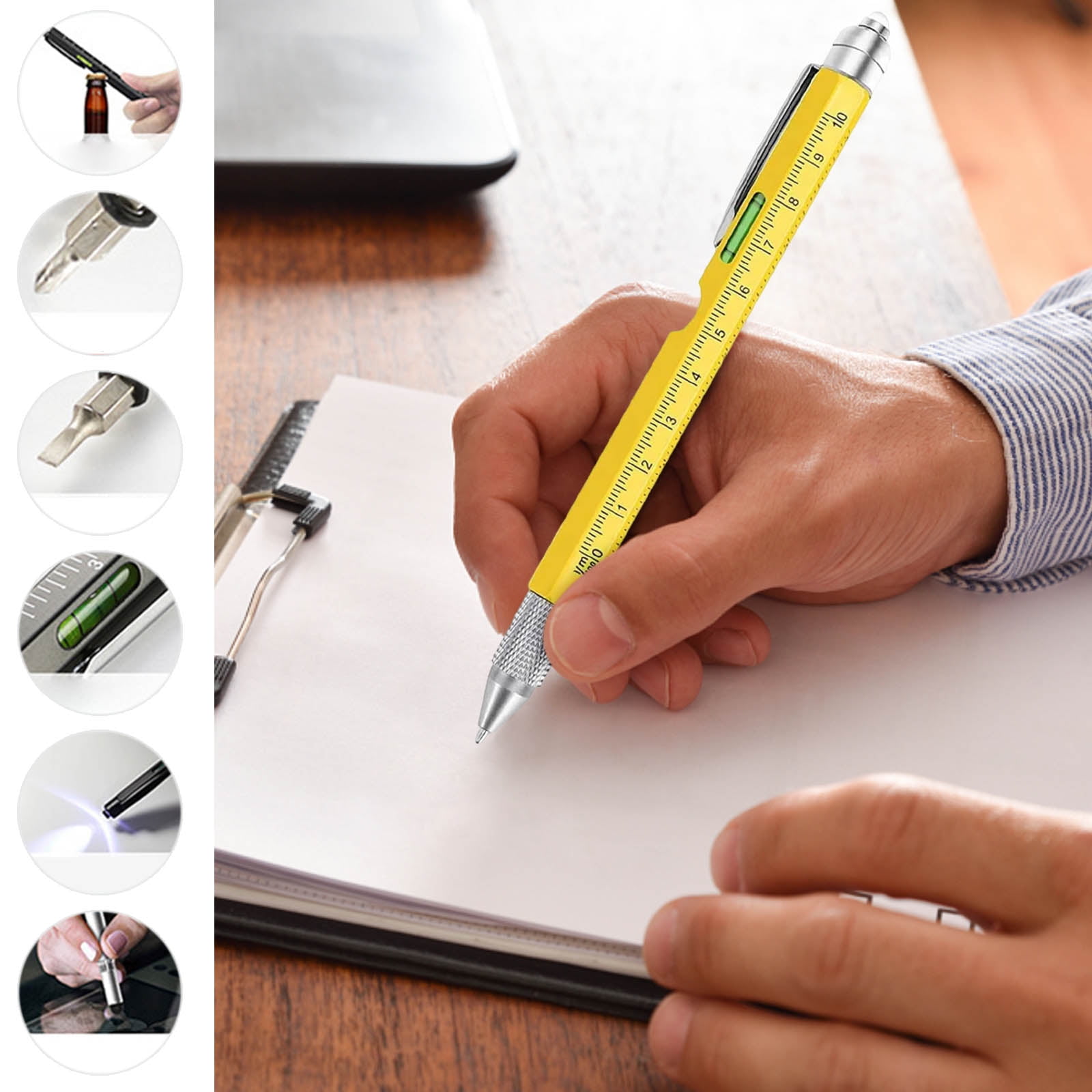 Coollooc One Pen Nine Functions -Christmas Gifts for Men, 9 in 1 Multitool Pen with LED Light, Cool Gadgets, Stocking Stuffers Gifts for Men, White Elephant Gifts for Adults(Yellow)