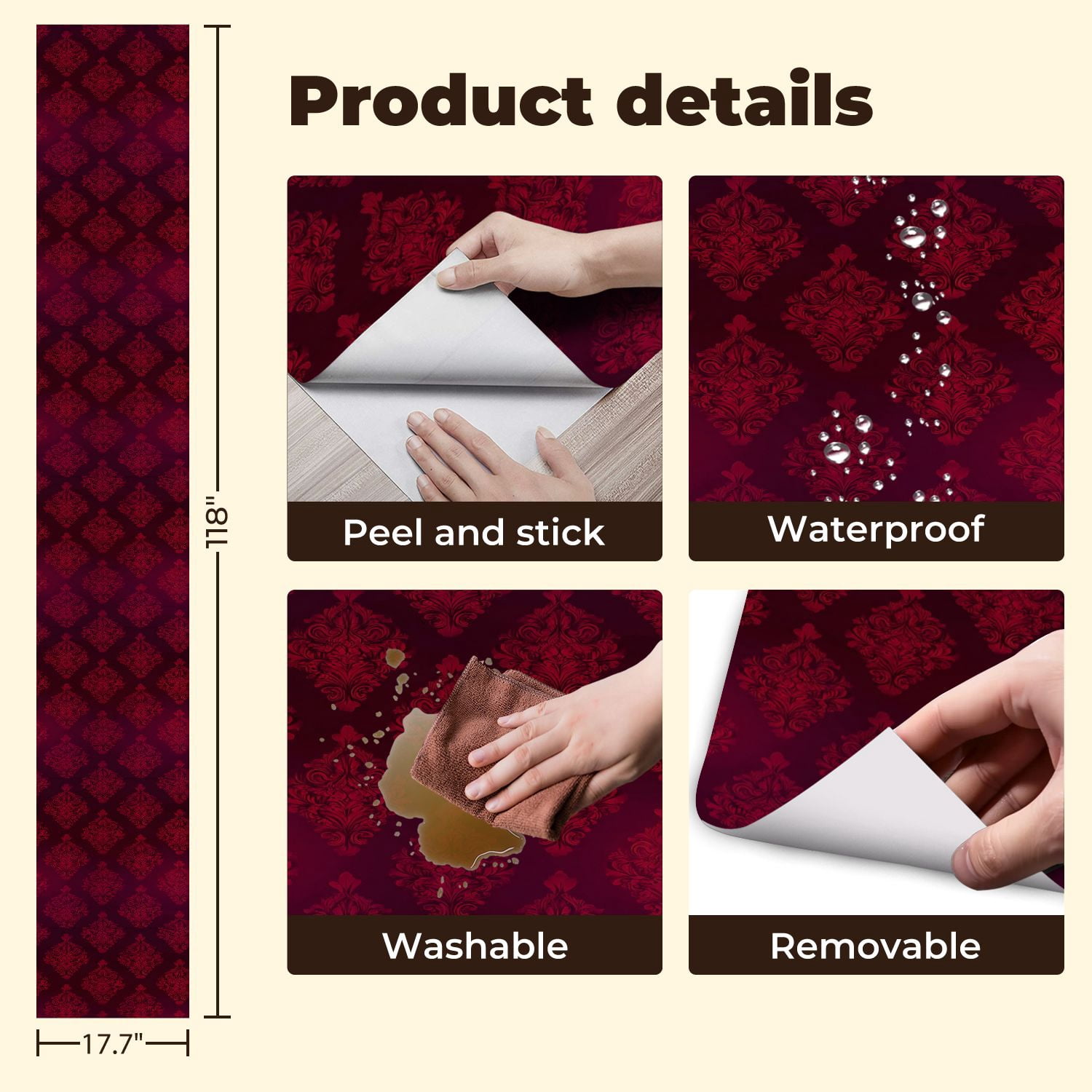Peel and Stick Wallpaper Damask Ornamental Deep Red Burgundy Elegant Baroque Wall Mural 17.7in x 9.8ft Self Adhesive Removable Wall Paper Renter Friendly Wallpaper for Nursery Bedroom Cabinets
