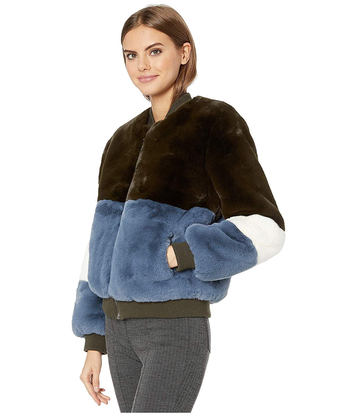 APPARIS Ana Faux Fur Color Block Bomber Jacket Army Green/Ivory/Steel ...