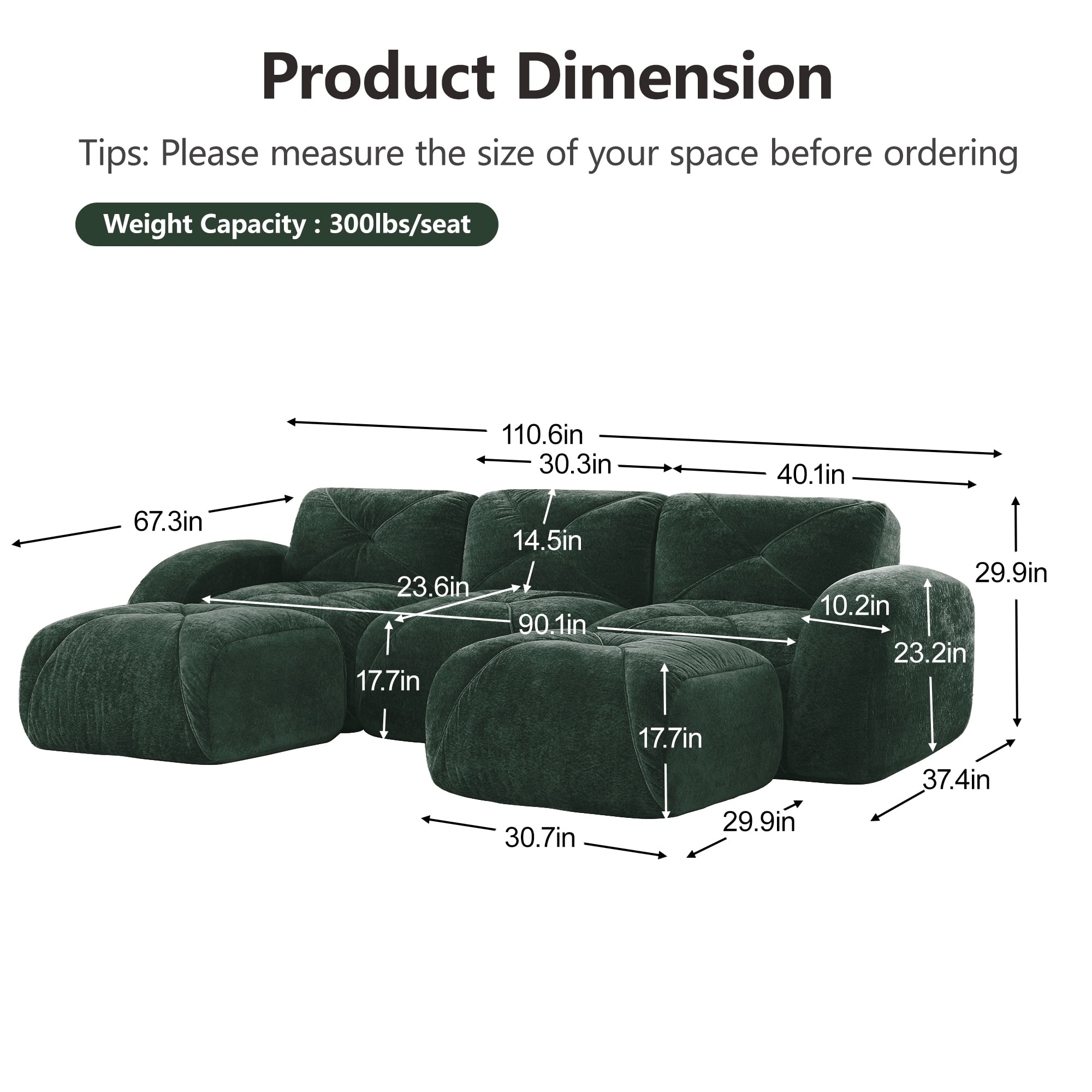 AISWORD 110" 3-Seat U-Shaped Modular Daybed with 2 Ottomans, Ultra-Soft Boneless Sectional with 32D High-Density Foam & Anti-Slip Bottom, No Assembly Required