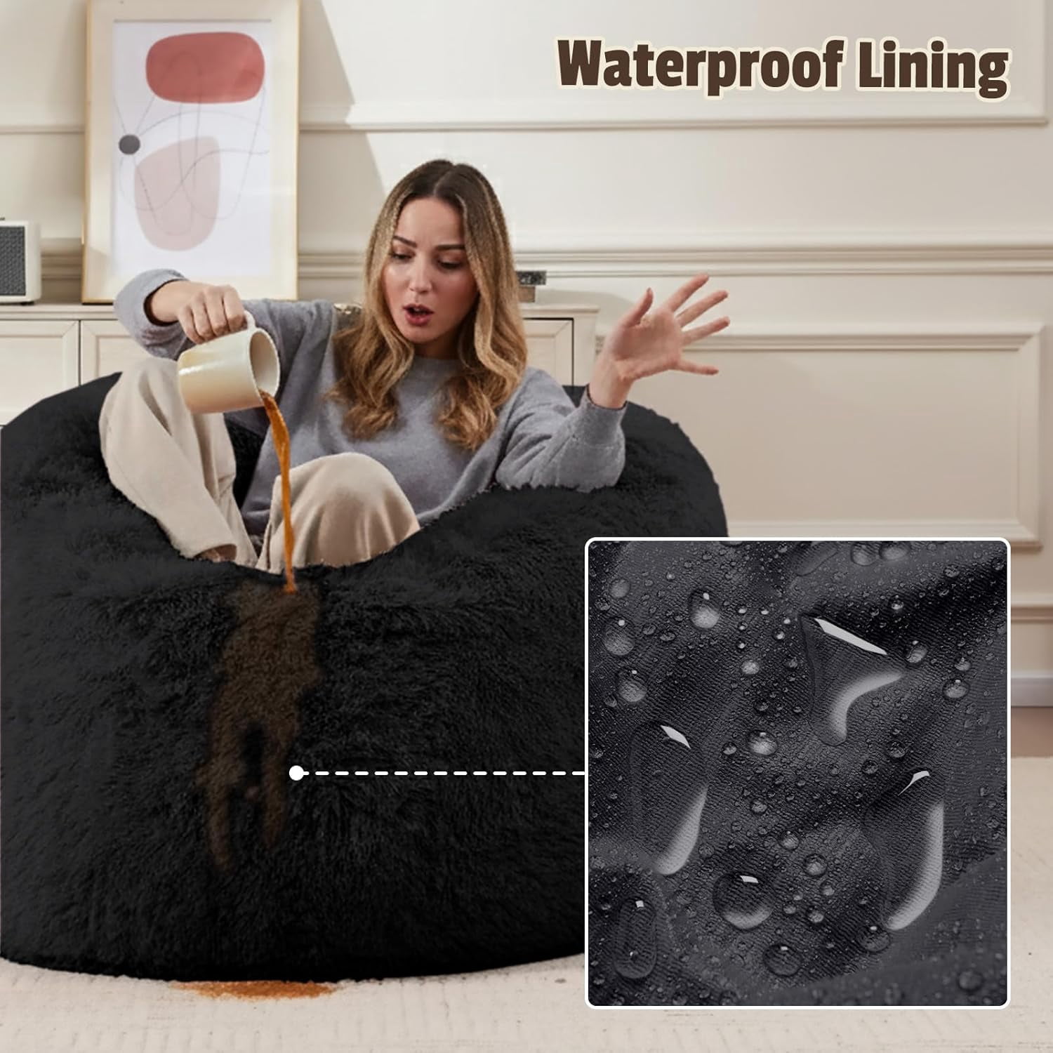 Bean Bag Cover (No Filler), Soft Faux Fur Stuffed Animal Bean Bag Storage, Fluffy Plush Bean Bag Chair Cover Washable, Comfy Bean Bag Covers for Adults Kids Teens, 38"x40" Black