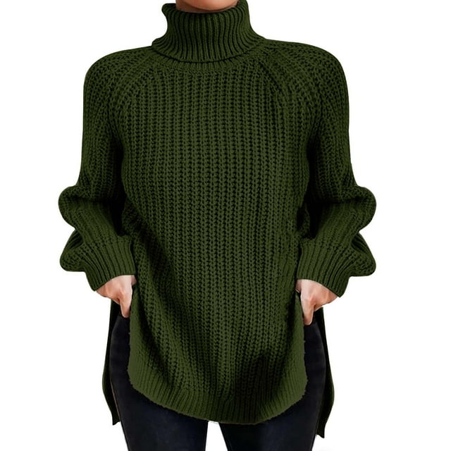 Kcodviy Women's High Neck Solid Ladies Cable Knit Sweaters Color Pullover Knit Sweater Cute Sweaters with Split Hem and Patterned Quarter Zip Bell Sleeves