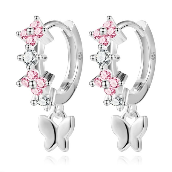 Lancharmed Silver Plated Hypoallergenic Earrings,Four Petal Flower Zircon Butterfly Pendant Earring 21St Birthday Gifts for Her