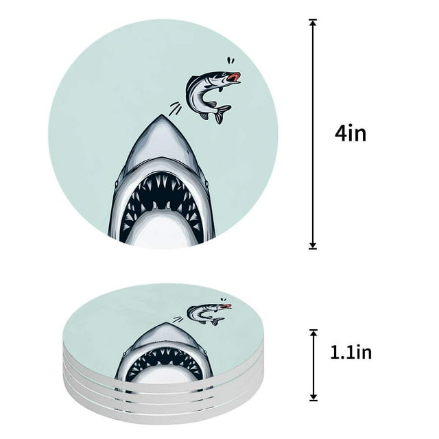 RYLABLUE Funny Ocean Big Shark And Running Away Small Fish Set of 4 Round Coaster for Drinks, Absorbent Ceramic Stone Coasters Cup Mat with Cork Base for Home Kitchen Room Coffee Table Bar Decor