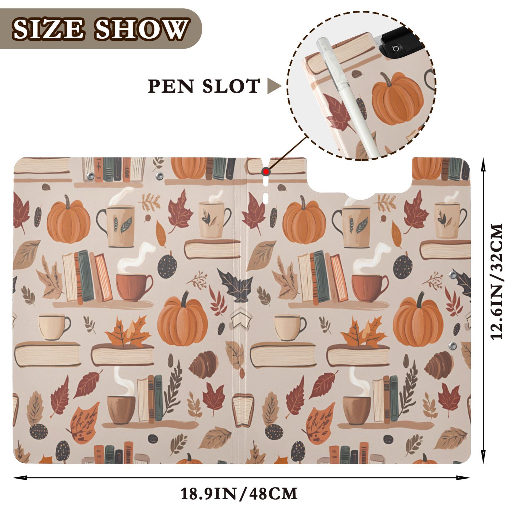 FORMRS A4 Clipboard Folder with Pen Holder Horizontal Foldable School Office Binder, Fall Acorns Pattern