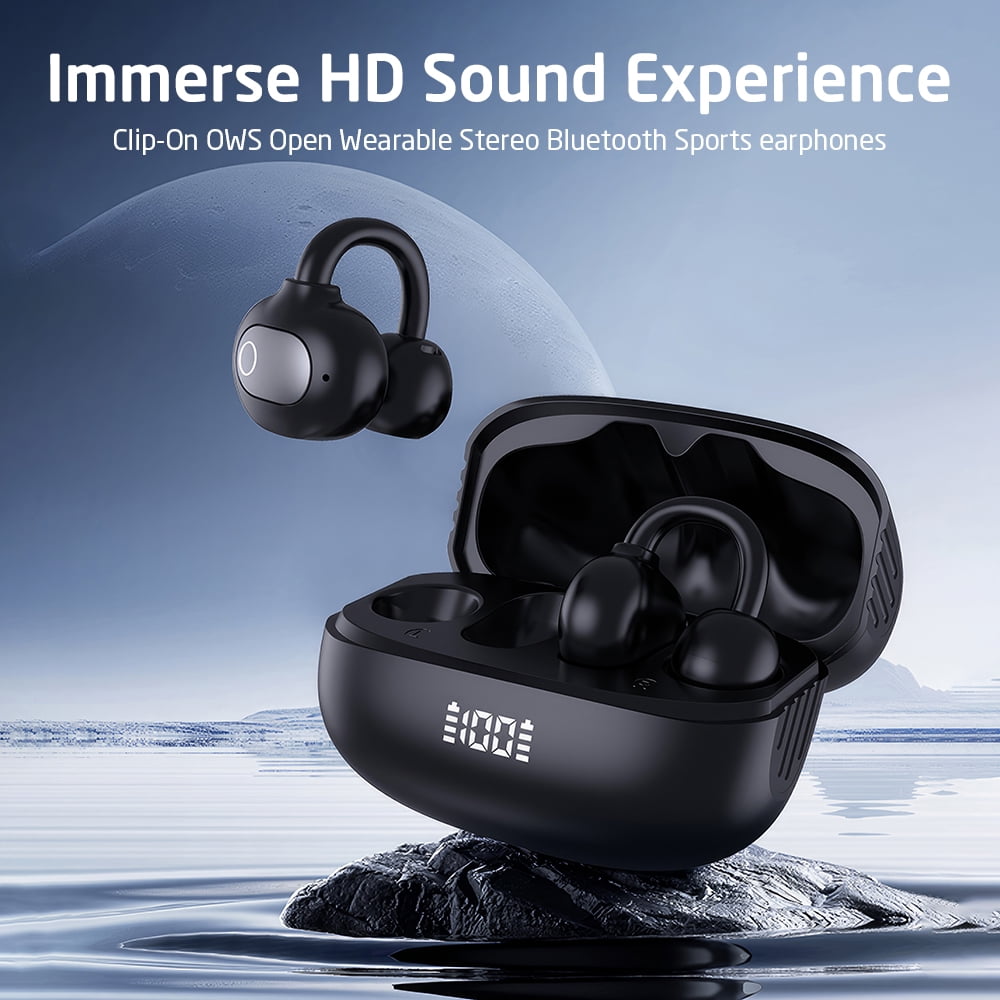 VTIN S75 Bluetooth 5.4 Ear Clip Headphones - Black Digital Display, Touch-Free Control, 6H/24H Battery, Dual Master Earbuds Semi-In-Ear with Instant Pairing & Type-C Charging